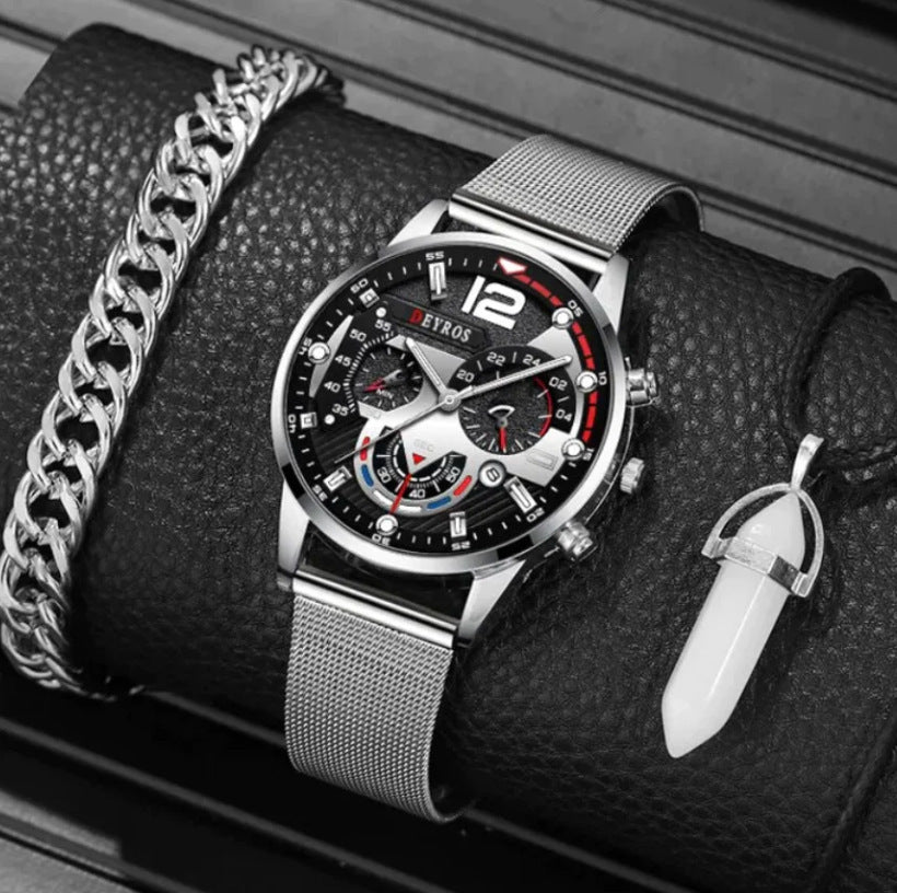 Creative Large Dial Three Eye Steel Belt Quartz Watch