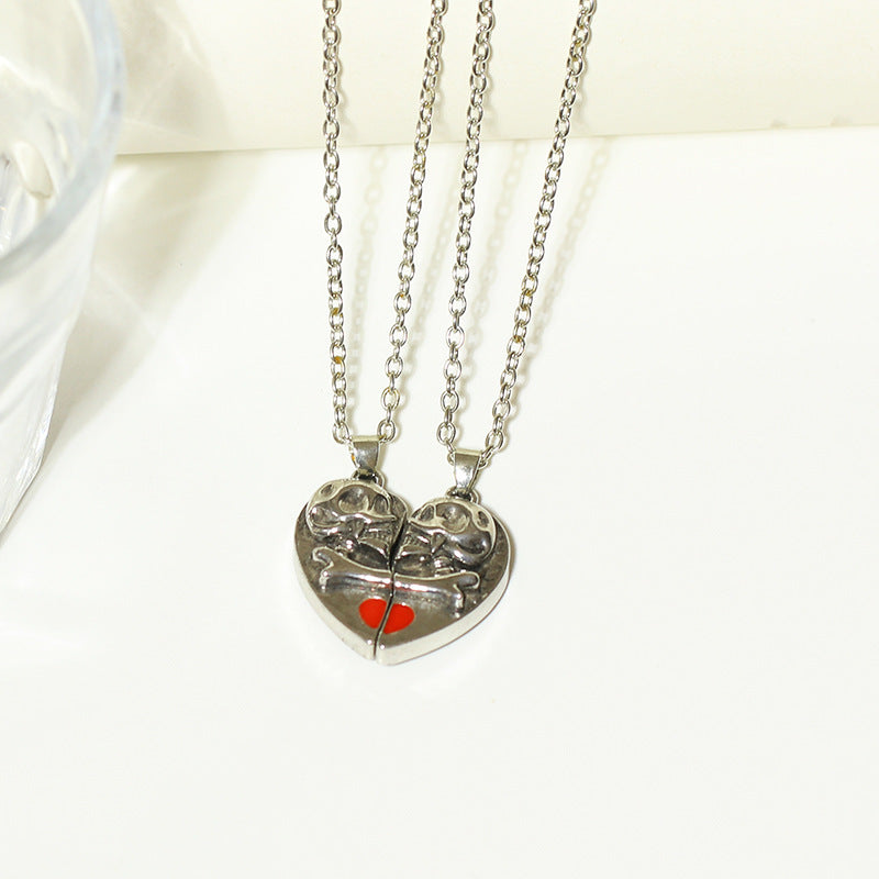 Punk Retro Skull Pendant Necklace Halloween Heart Magnetic Love Couple Jewelry