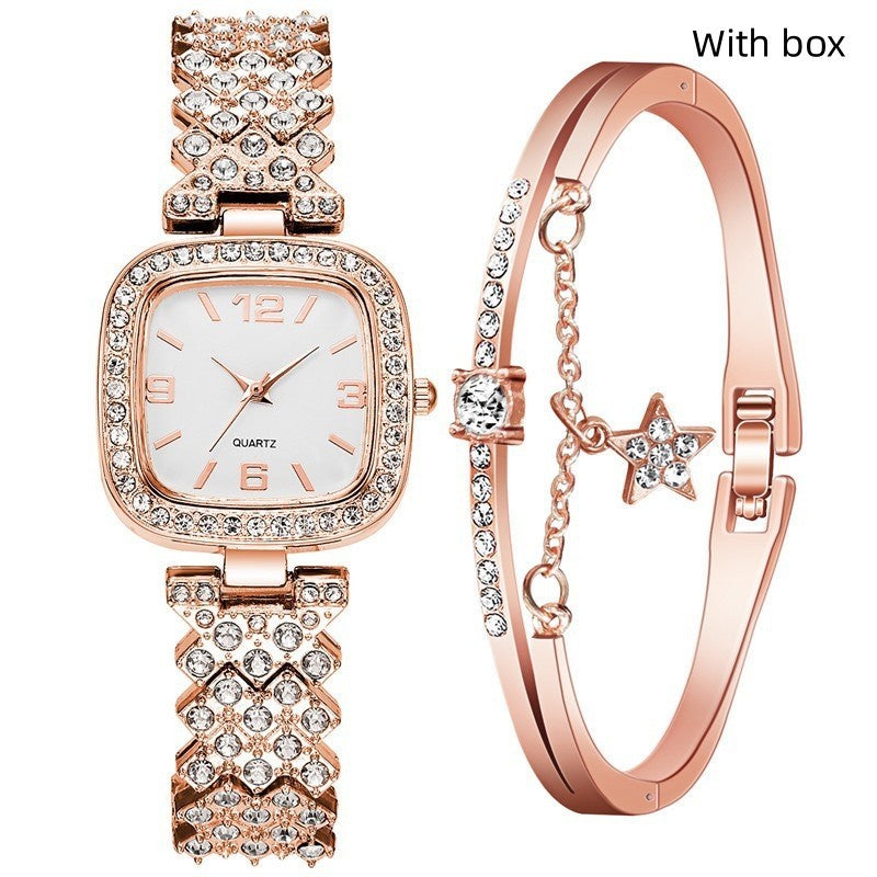Women's Diamond Watch And Bracelet Two Piece Set Casual