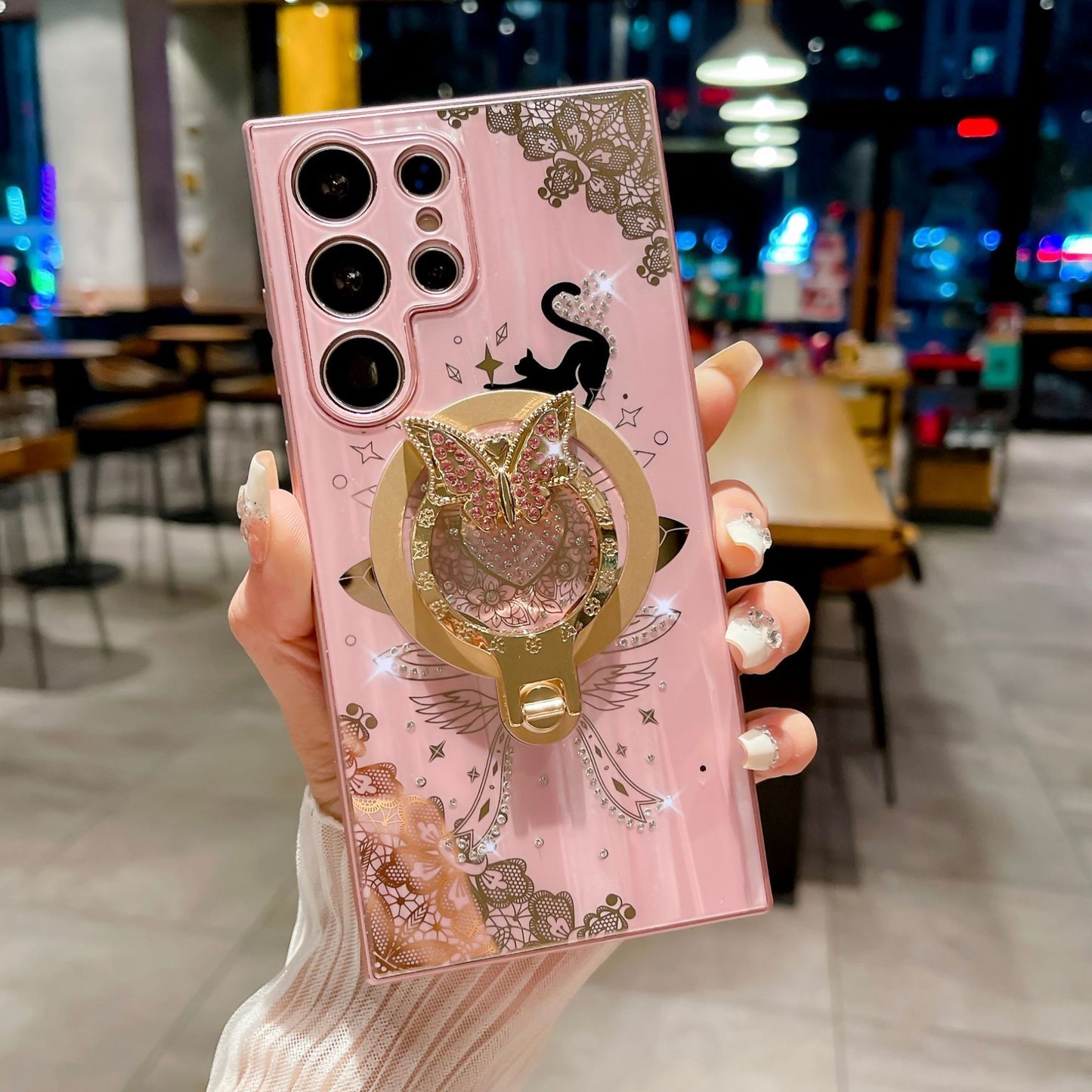 Diamond Encrusted Butterfly Stand Phone Case White Gold