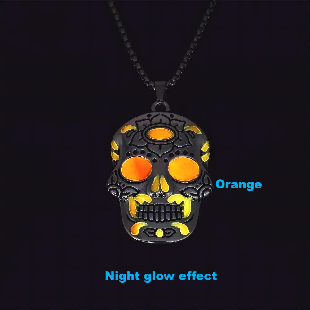 Halloween Luminous Skull Necklace Day of Dead Lotus Pattern Clavicle Pendant Jewelry
