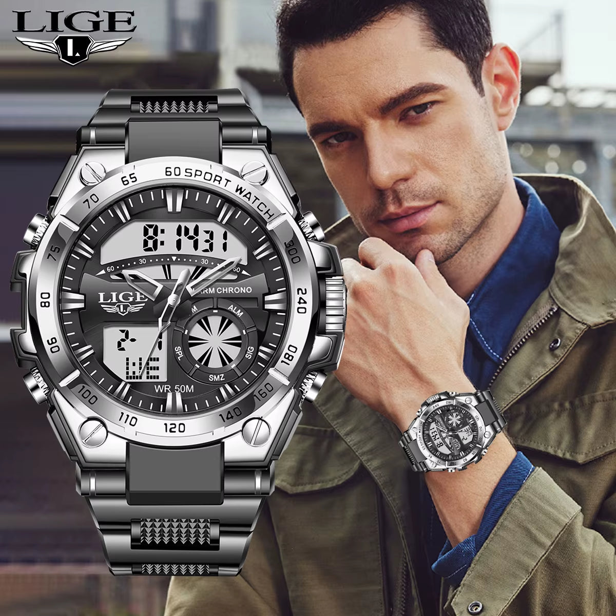 Men's Military Digital Dual Display Watch - 50M Waterproof Sport Wristwatch with LED Luminous Quartz for Active Lifestyle