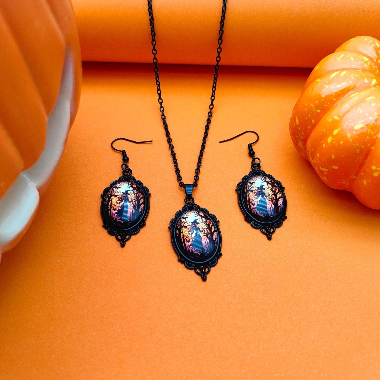 3PCS Vintage Halloween Necklace Set Tree of Life Witch Pendant with Earrings Jewelry