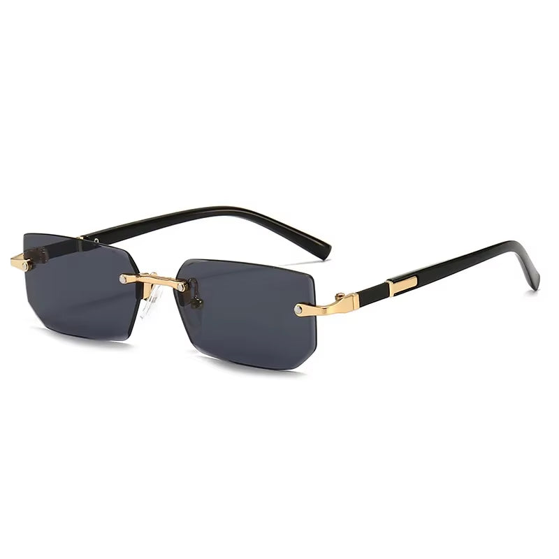 Men Women Rimless Rectangle Sunglasses - Black Lens Cut Edge - Free Shipping