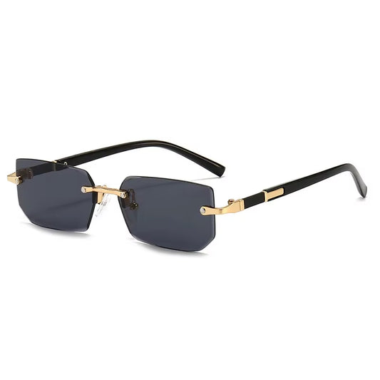 Men Women Rimless Rectangle Sunglasses - Black Lens Cut Edge - Free Shipping