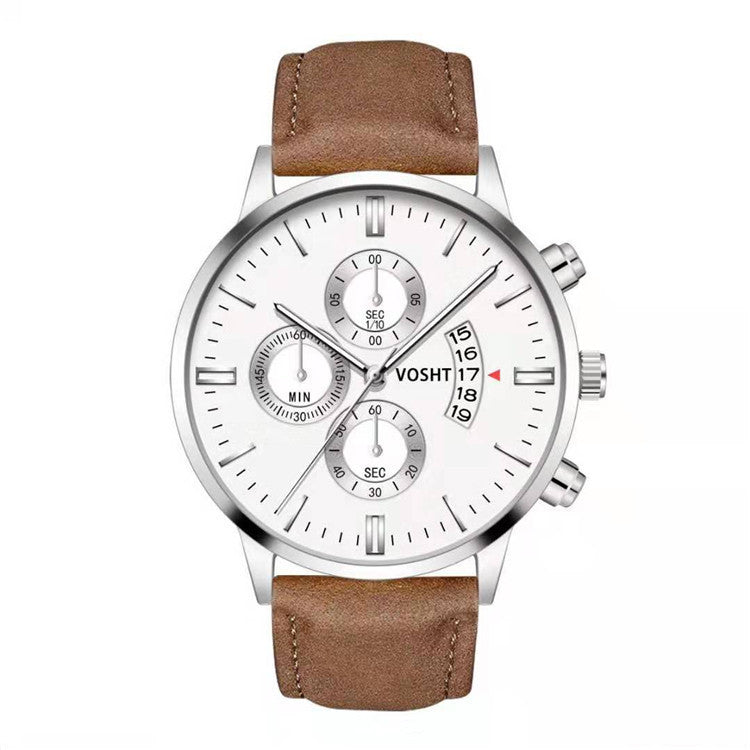 Men’s Business Quartz Watch Three-Eye Calendar Round Dial Leather Strap 41.5mm
