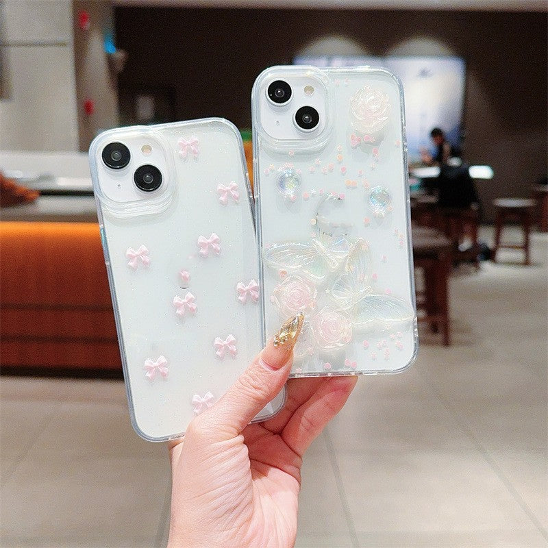 iPhone 11–16 Pro Max Phone Case Japanese Korean Love Rose Pattern Protective