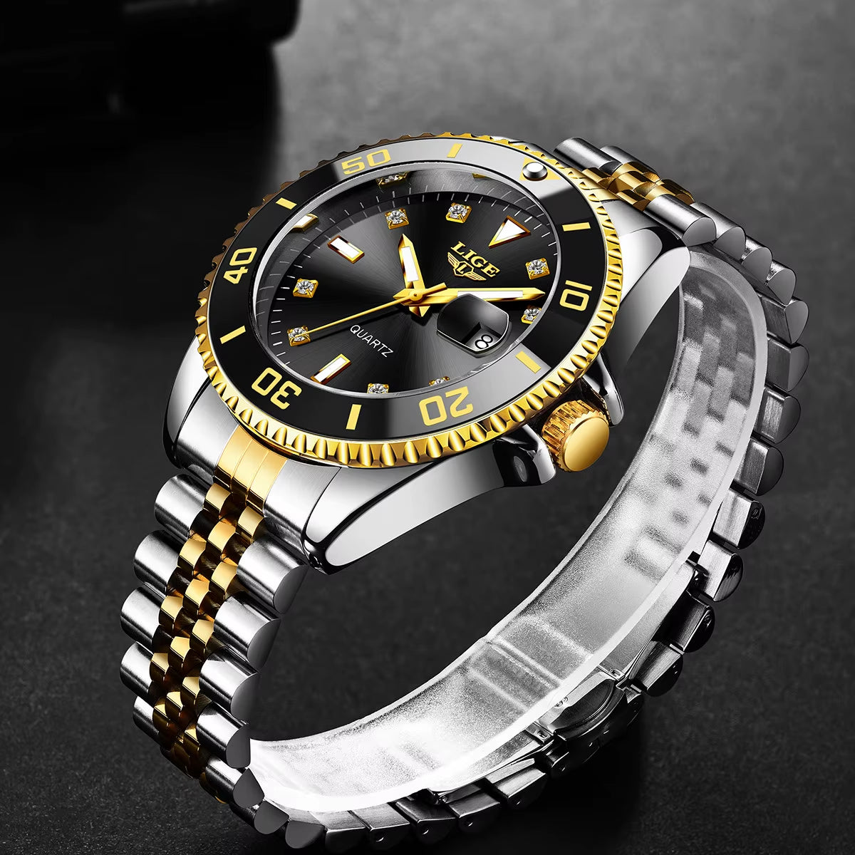 Luxury Men's Quartz Watch with Calendar, Diamond Accents, Luminous Features, and Waterproof Stainless Steel Design