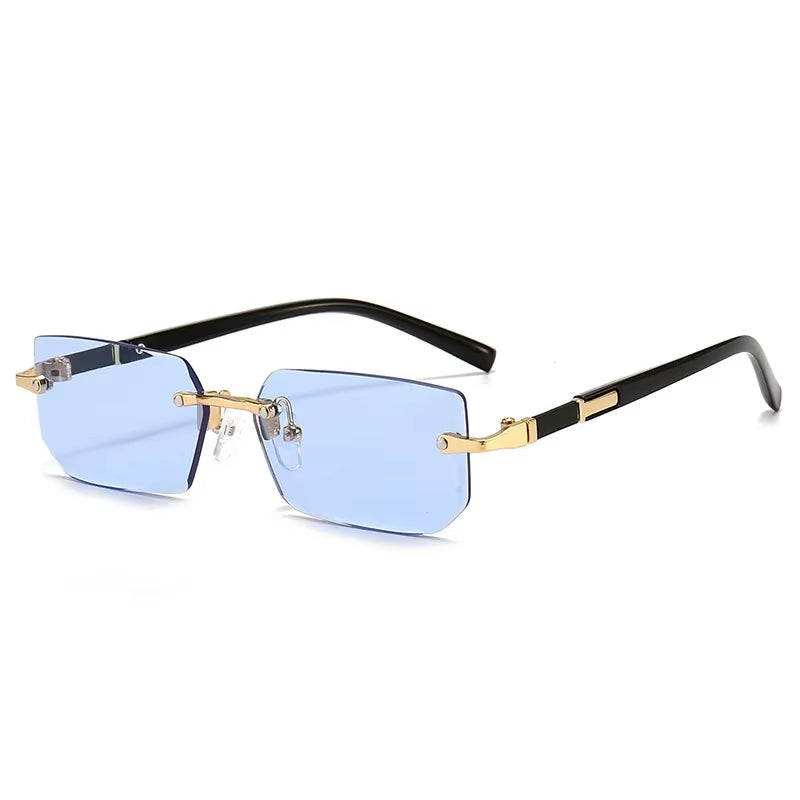 Men Women Rimless Rectangle Sunglasses - Blue Lens Cut Edge - Free Shipping