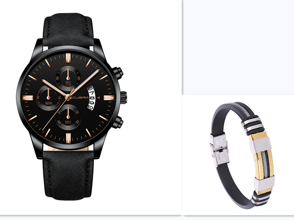 Men’s Business Quartz Watch Three-Eye Calendar Round Dial Leather Strap 41.5mm