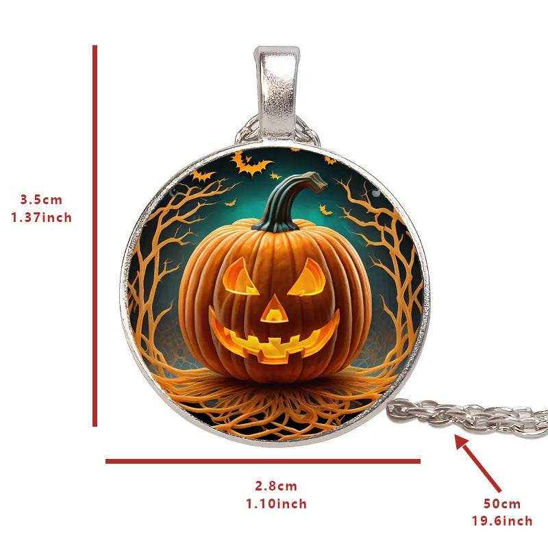 Halloween Pumpkin Ghost Bat Necklace Round Pendant Clavicle Jewelry for Men Women