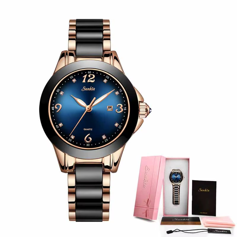 Ceramic Luxury Women's Bracelet Watch - Waterproof Analog Timepiece with Date Function