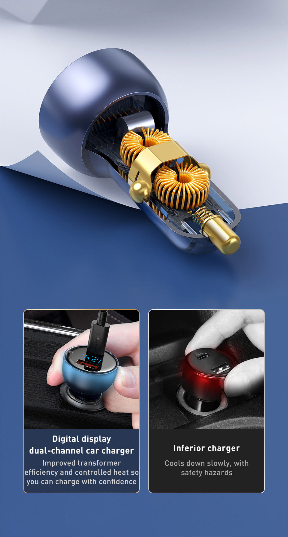 65W Fast Car Charger With Dual USB Type C And USB Ports