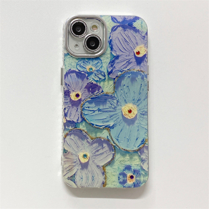 Blue Light Oil Painting Flower Phone Case Embossed Art