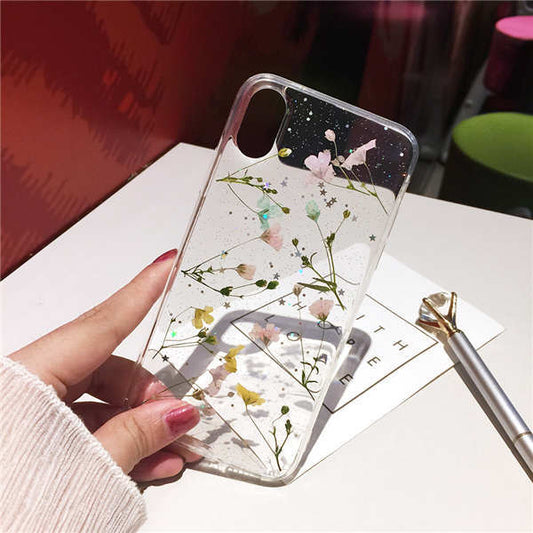 Real Flower Iphone Case Transparent TPU Anti Drop Cover