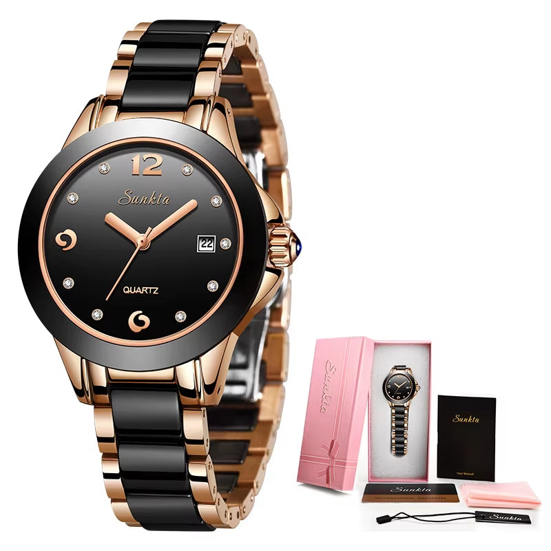 Women's Fashion Ceramic Bracelet Watch - Waterproof Date Clock Gift for Her