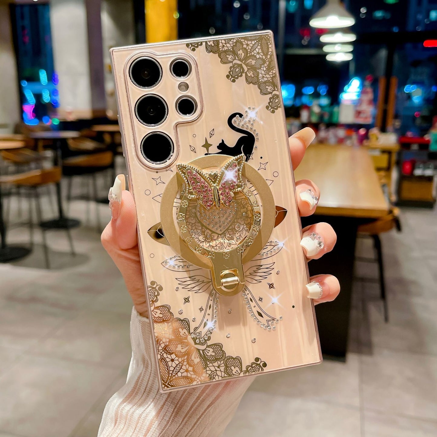 Diamond Encrusted Butterfly Stand Phone Case White Gold