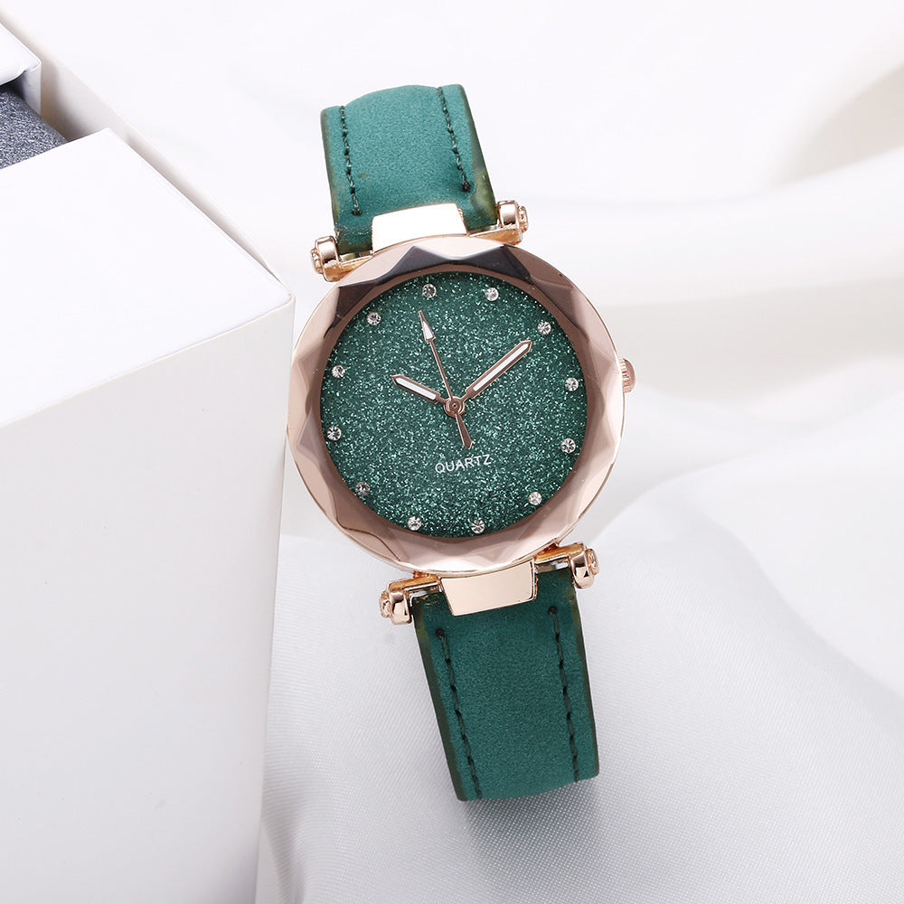 Casual Women Starry Sky Leather Rhinestone Wrist Watch