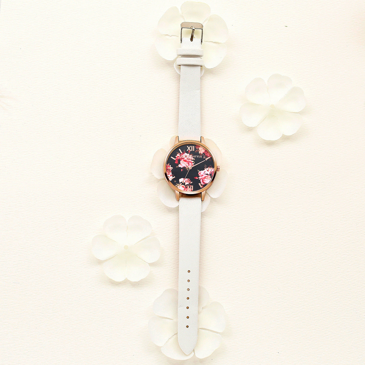 Rose Gold Women Leather Strap Watch Flower Dial Dress Gift