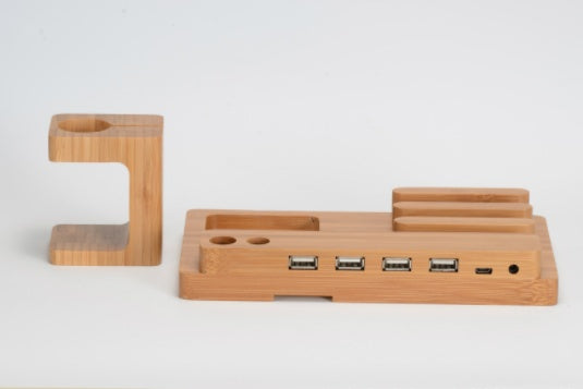 Wooden Bamboo Universal Phone Stand With Four USB Ports