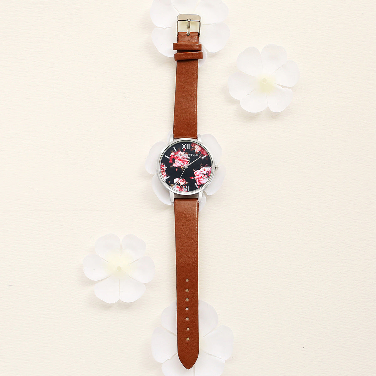 Rose Gold Women Leather Strap Watch Flower Dial Dress Gift