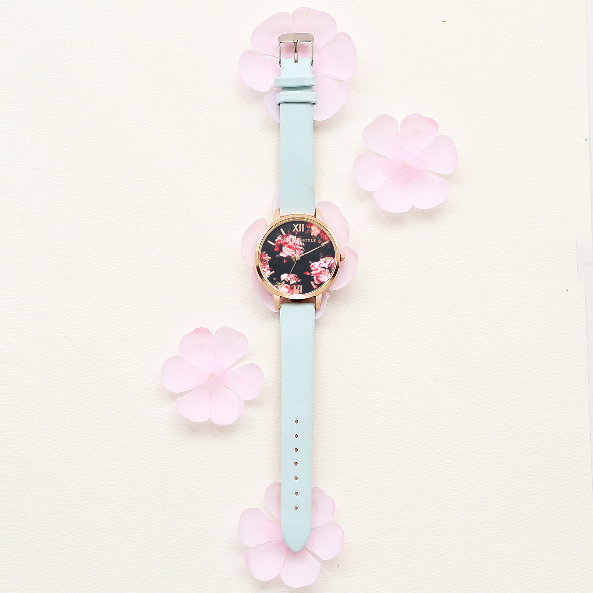 Rose Gold Women Leather Strap Watch Flower Dial Dress Gift