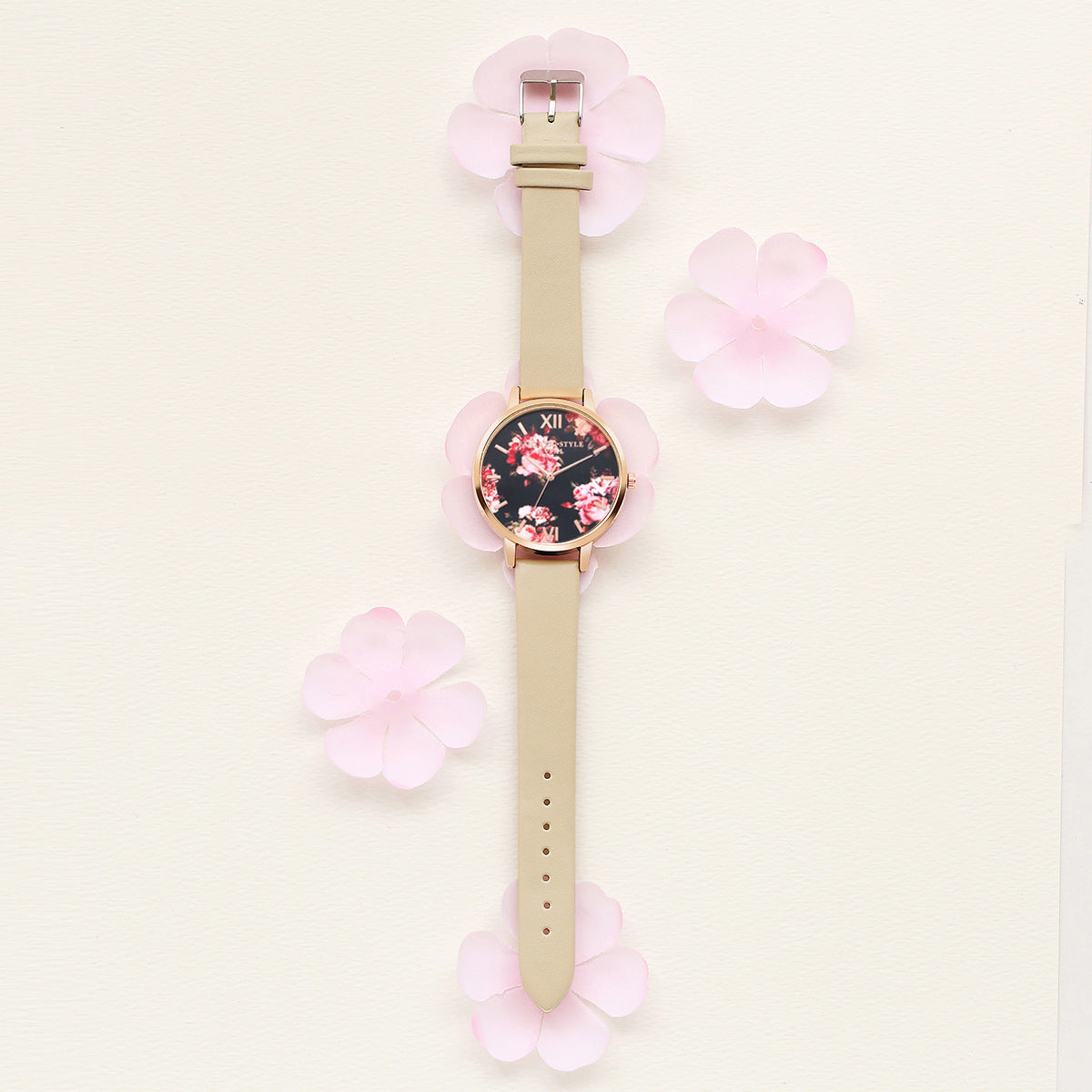 Rose Gold Women Leather Strap Watch Flower Dial Dress Gift