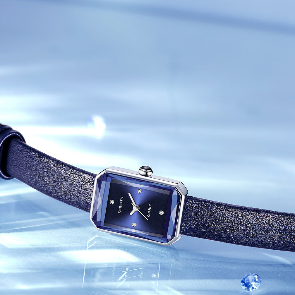 Rectangular Dial Quartz Watch Alloy Case Blue Rose Gold