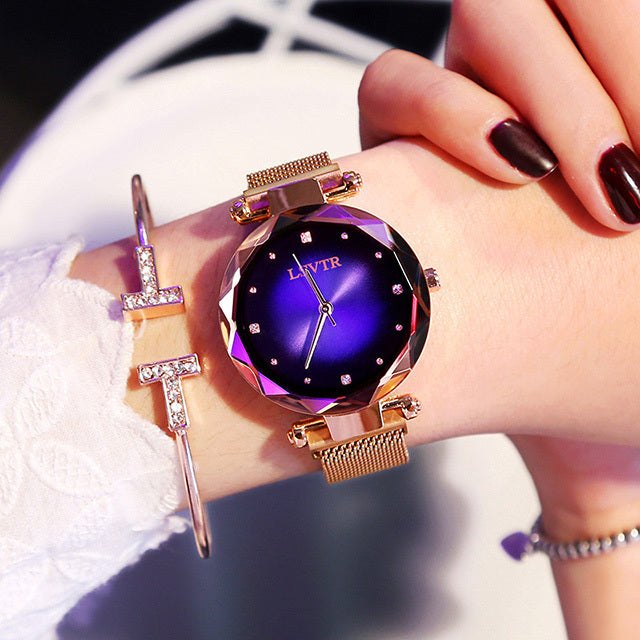 Rose Gold Women Watch Diamond Starry Sky Magnet Waterproof