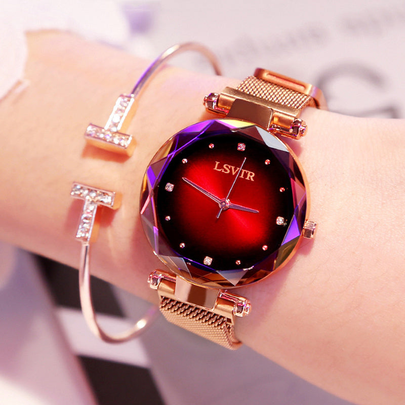 Rose Gold Women Watch Diamond Starry Sky Magnet Waterproof