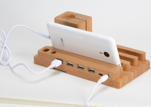 Wooden Bamboo Universal Phone Stand With Four USB Ports