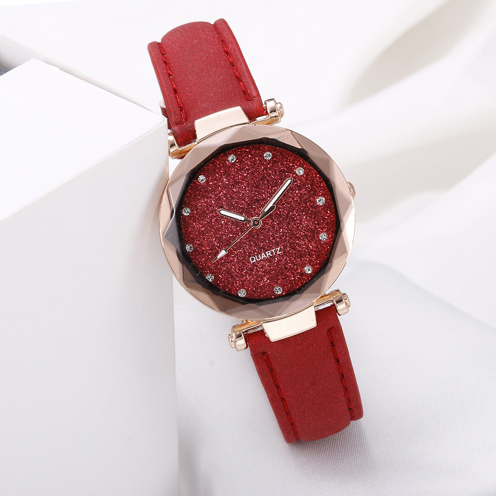 Casual Women Starry Sky Leather Rhinestone Wrist Watch