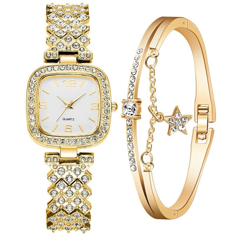 Women's Diamond Watch And Bracelet Two Piece Set Casual