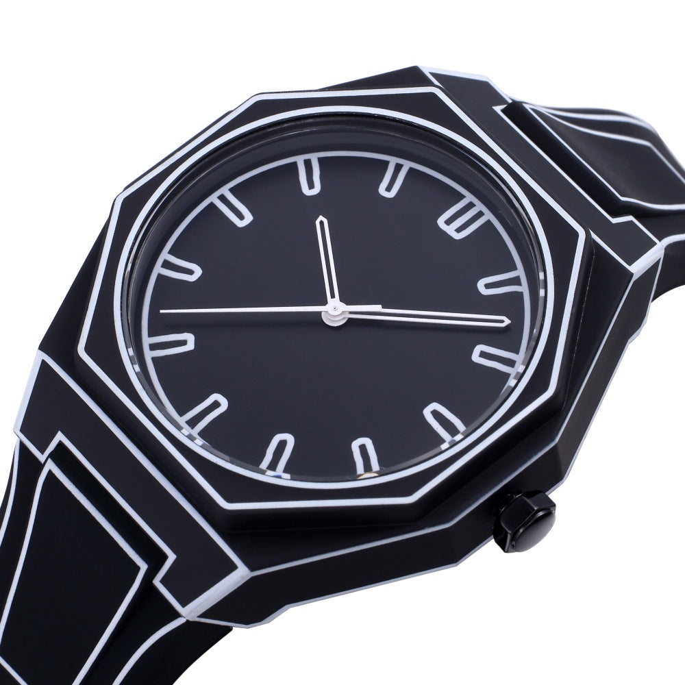 Deep Waterproof Comic Style Watch Black White Silicone Strap