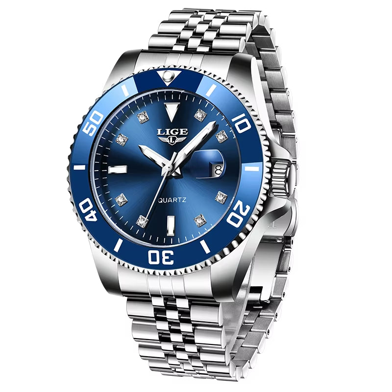 Luxury Men's Quartz Watch with Calendar, Diamond Accents, Luminous Features, and Waterproof Stainless Steel Design