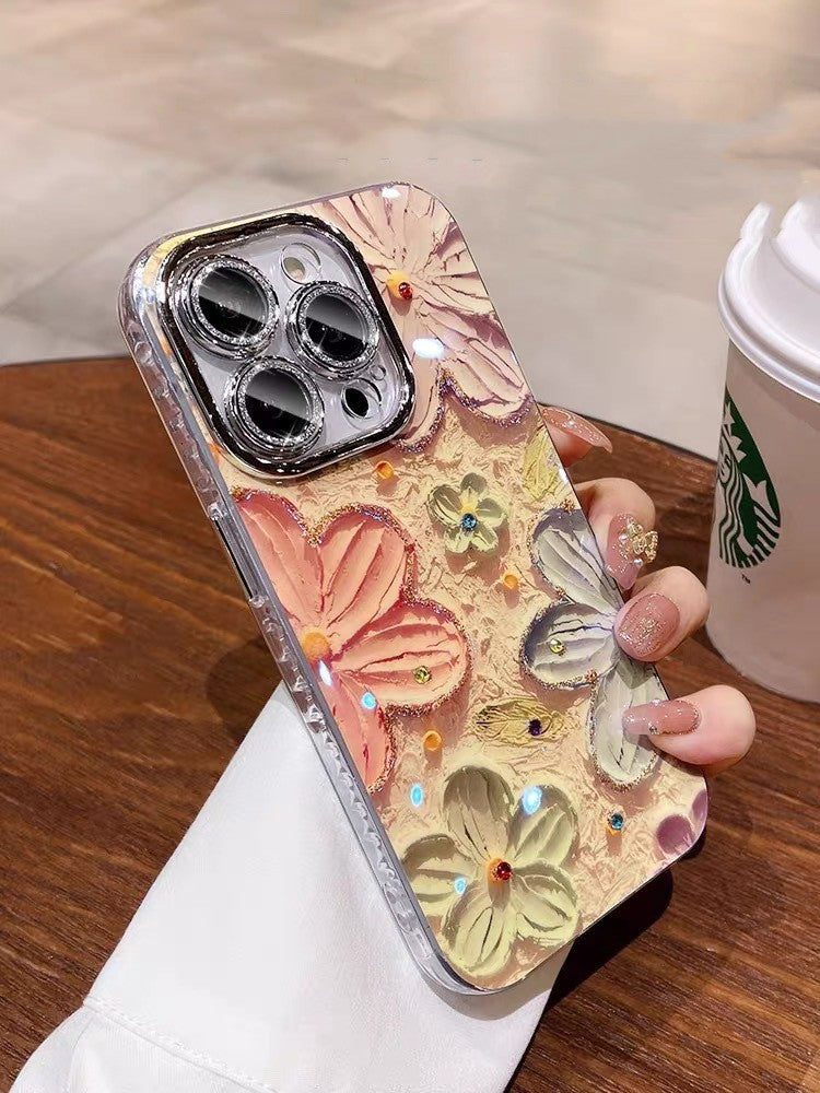 Blue Light Oil Painting Flower Phone Case Embossed Art