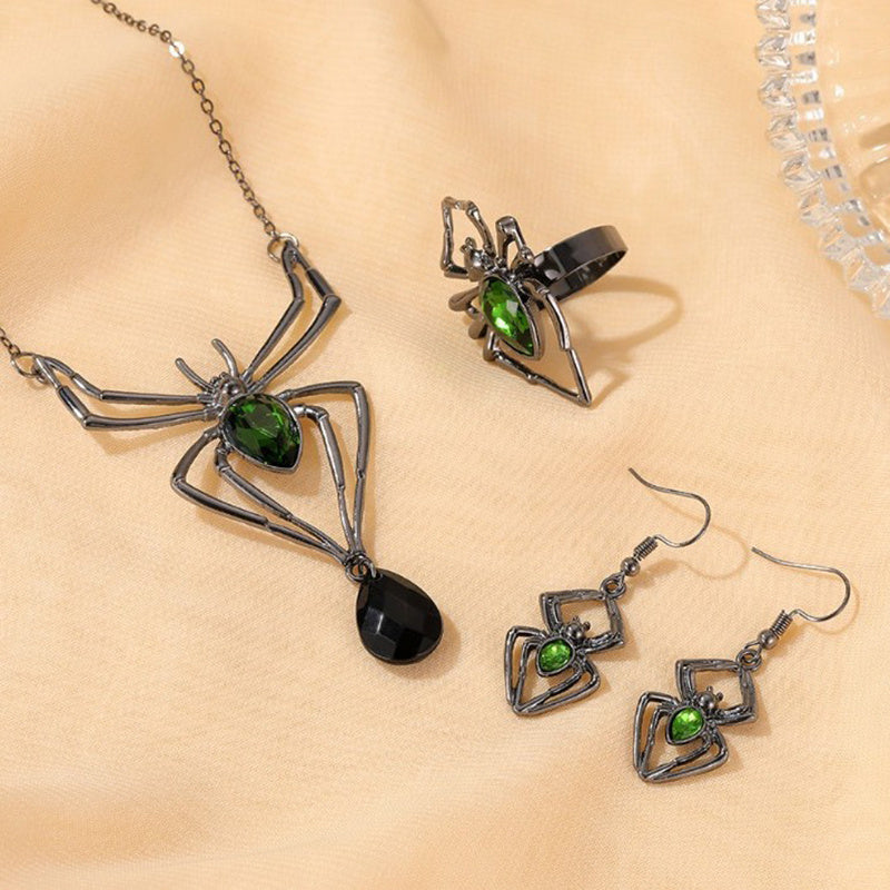 3PCS Halloween Spider Jewelry Set Drop Pendant Necklace Earrings Ring Vintage