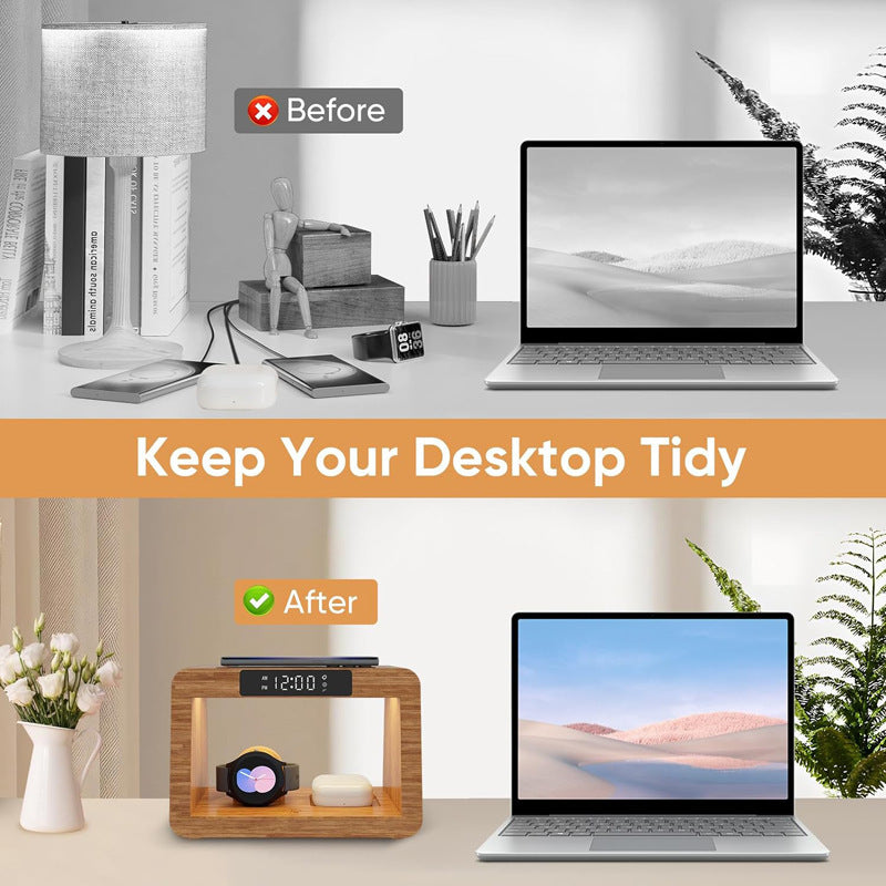 Bamboo Table Lamp Alarm Clock With Wireless Charger