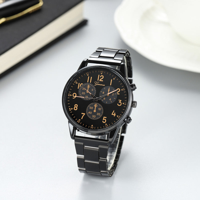 Men’s Three-Eye Steel Strap Quartz Watch – Multi-Function Fashion / Casual Style