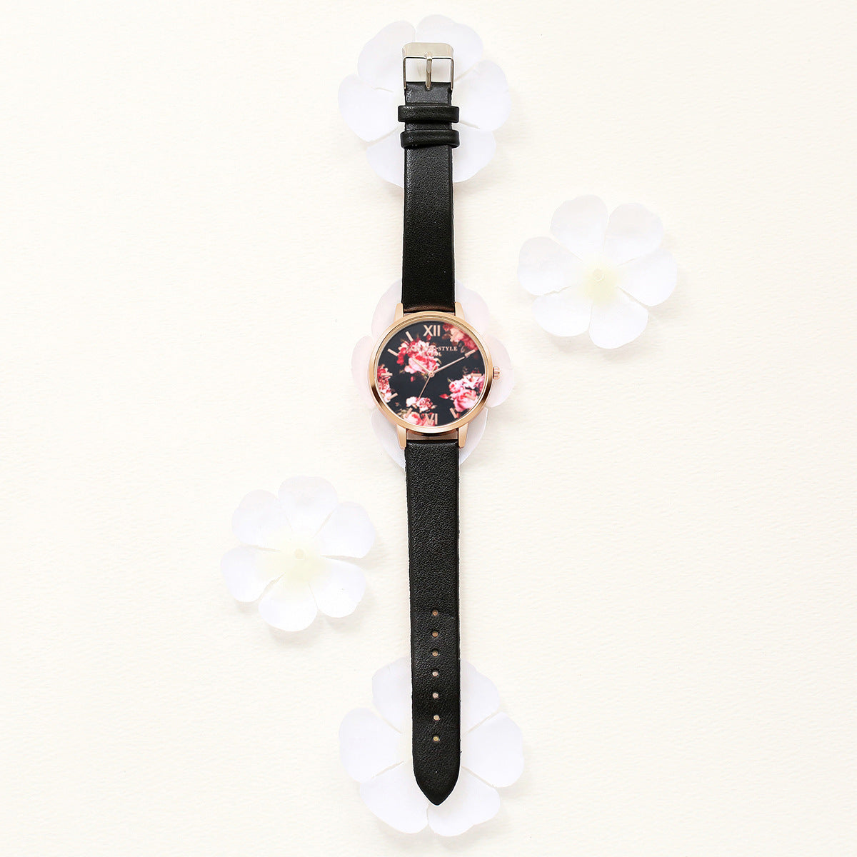 Rose Gold Women Leather Strap Watch Flower Dial Dress Gift
