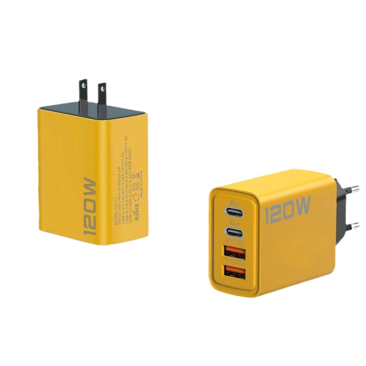 Yellow Double PD USB Charger With Dual USB Ports 12W Output