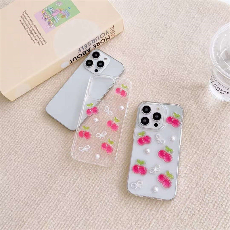 3D Cherry Bow Epoxy Phone Case Cute Protective Back Cover for iPhone 11–16