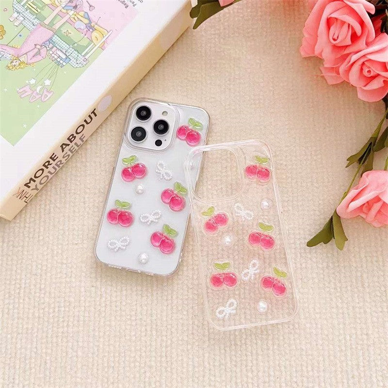 3D Cherry Bow Epoxy Phone Case Cute Protective Back Cover for iPhone 11–16