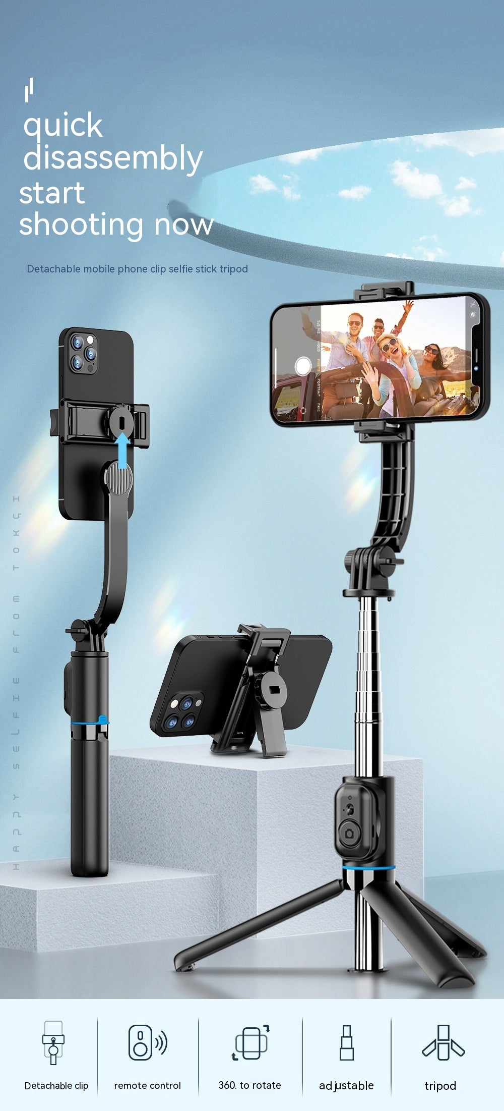 Detachable Desktop Stand Bluetooth Selfie Stick Remote