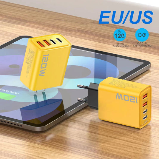 Yellow Double PD USB Charger With Dual USB Ports 12W Output