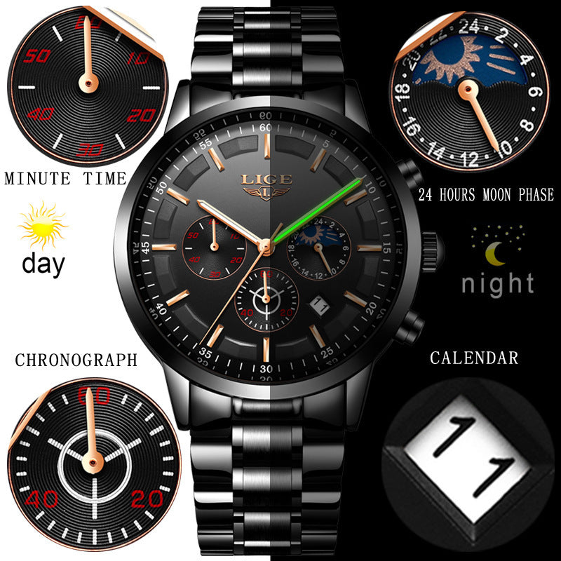 Men's Waterproof Moon Phase Quartz Watch Business Sport Calendar Timepiece