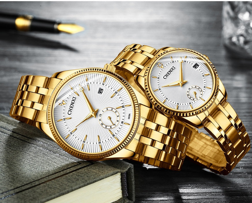 Couple Quartz Watch Set Stainless Steel Band Calendar Waterproof Gold Pair