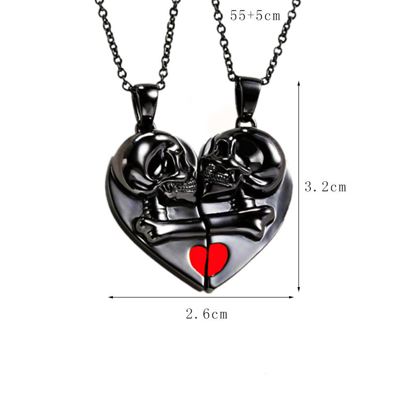Punk Retro Skull Pendant Necklace Halloween Heart Magnetic Love Couple Jewelry