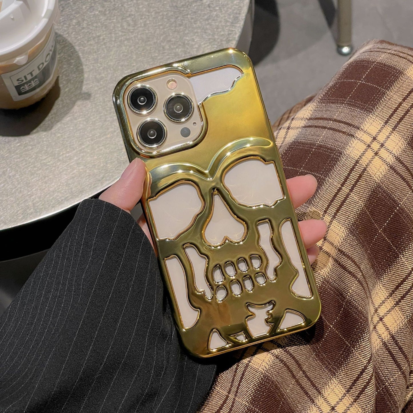 Luxury 3D Skull Phone Case Gold Plated Electroplated Cover for iPhone 11–16 Pro