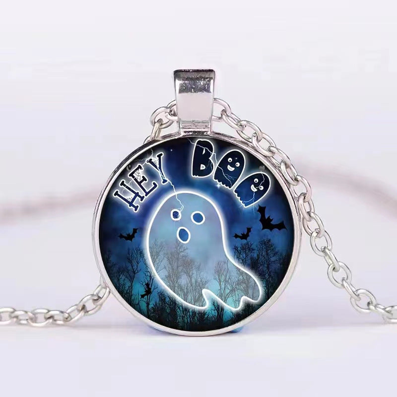 Halloween Pumpkin Ghost Bat Necklace Round Pendant Clavicle Jewelry for Men Women